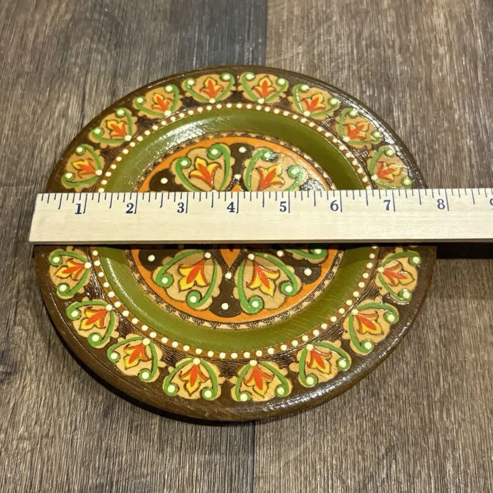 Vintage Hand Painted Wooden Folk Art Plate Floral Tole Art 8” Wall Decor